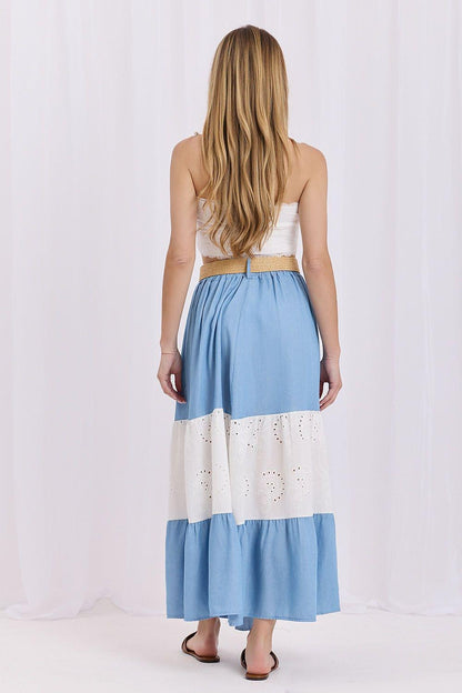 Blue and white tiered midi skirt with eyelet lace panels, back view