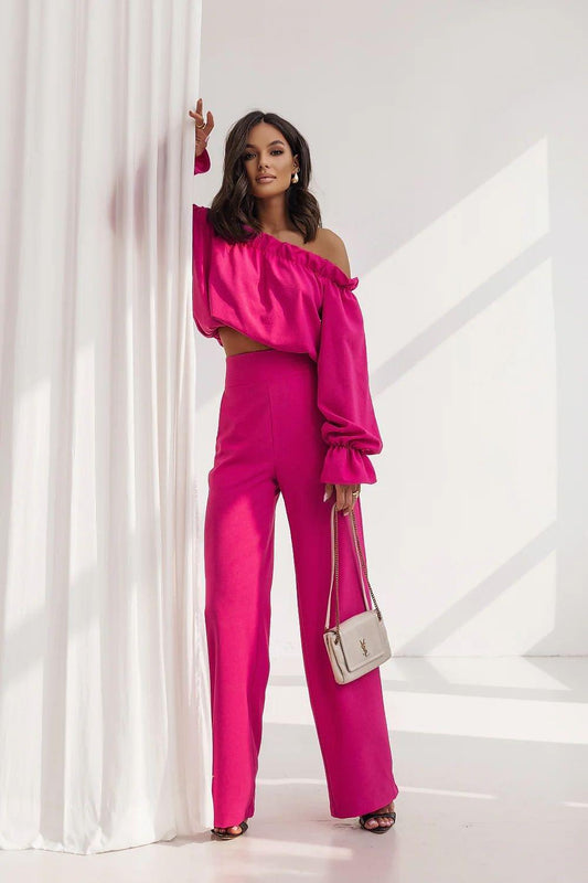 LaBalancia one-shoulder off-shoulder blouse and wide-leg pants set in hot pink