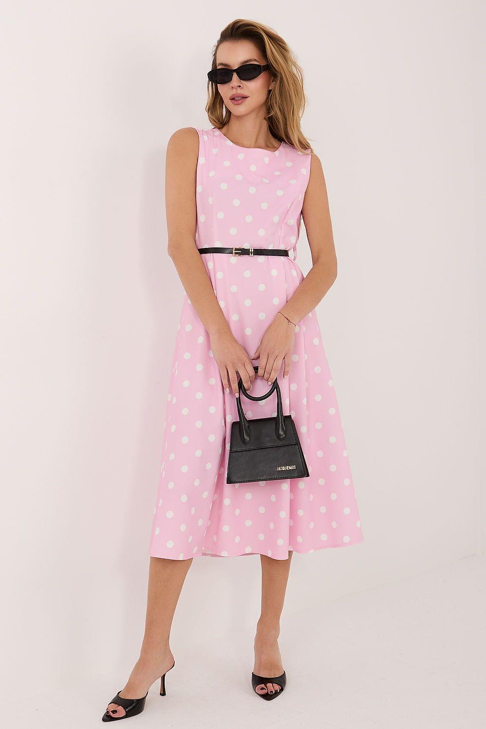 Pink sleeveless polka-dot day dress with wide waist belt, midi length
