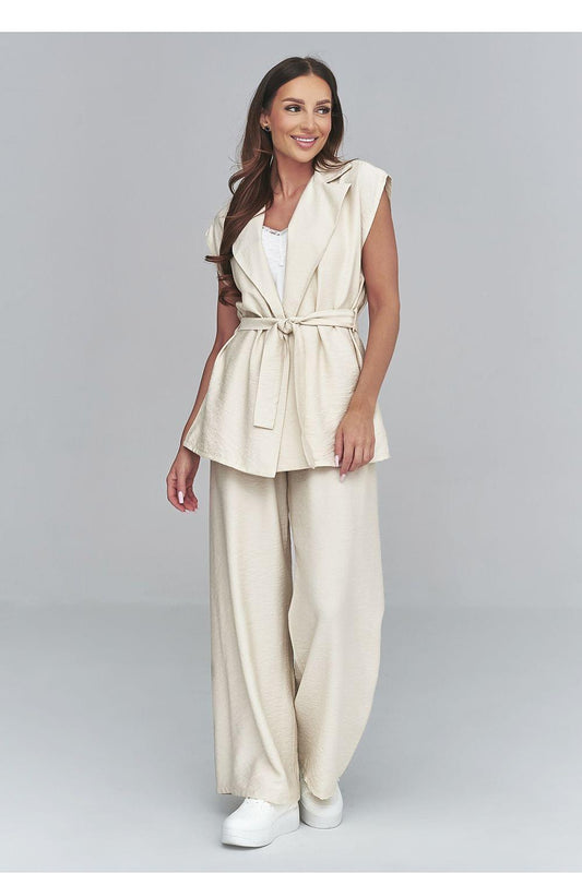 Beige two-piece set with sleeveless tie-front vest and wide-leg matching pants