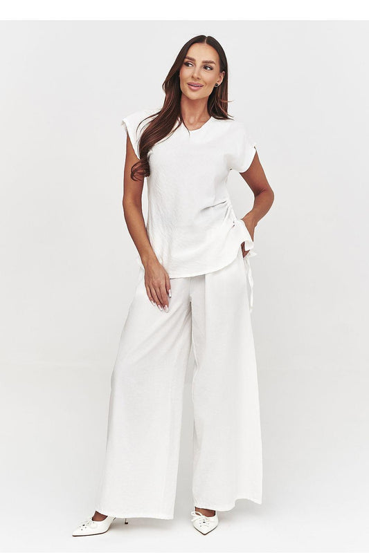 White short-sleeve top and wide-leg pants set with waist tie