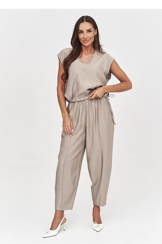 Taupe short-sleeve top and drawstring cropped pants set with gathered waist