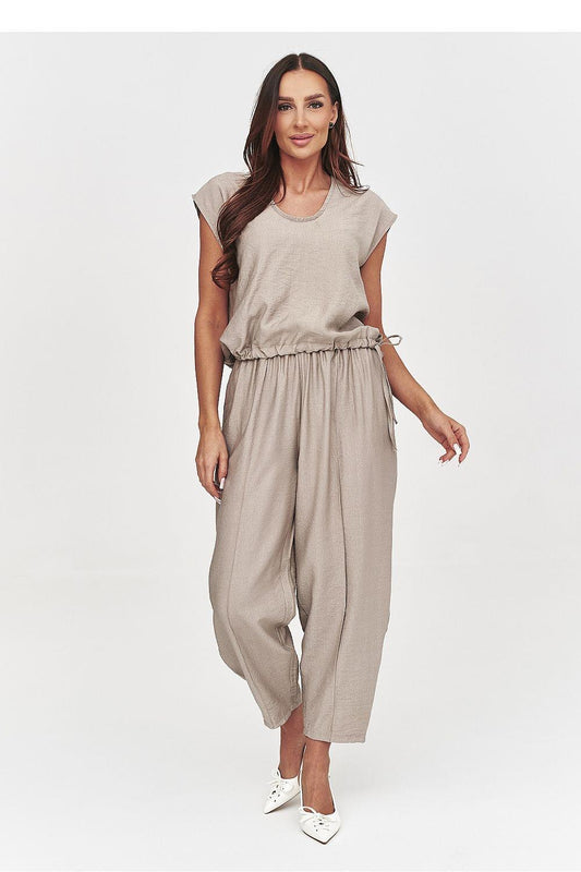Taupe sleeveless-look top and cropped harem pants set with elastic waist
