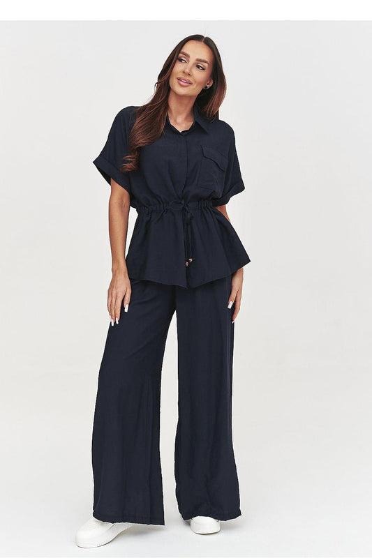 Navy peplum-style blouse with drawstring waist and wide-leg trouser set