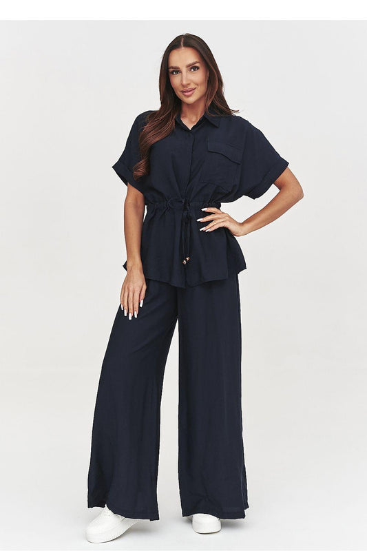 Navy short-sleeve blouse with tie waist and wide-leg trousers set
