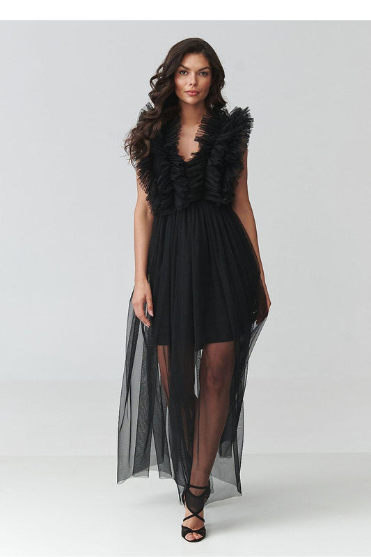 Makadamia black evening dress with feathered V-neck and layered sheer tulle skirt