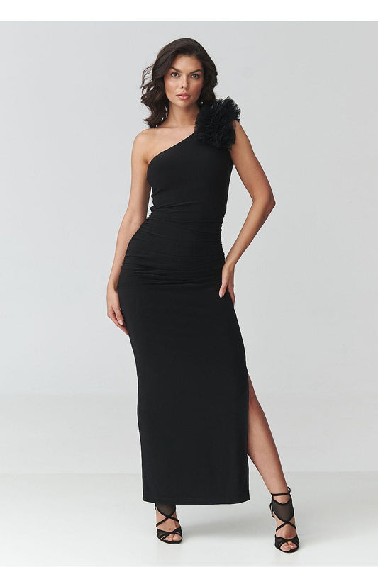 Black one-shoulder long dress with feathered shoulder detail and thigh slit