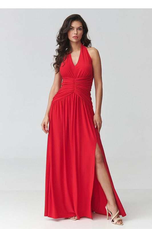 Red long halter dress with V-neck, ruched bust, gathered waist, side slit.