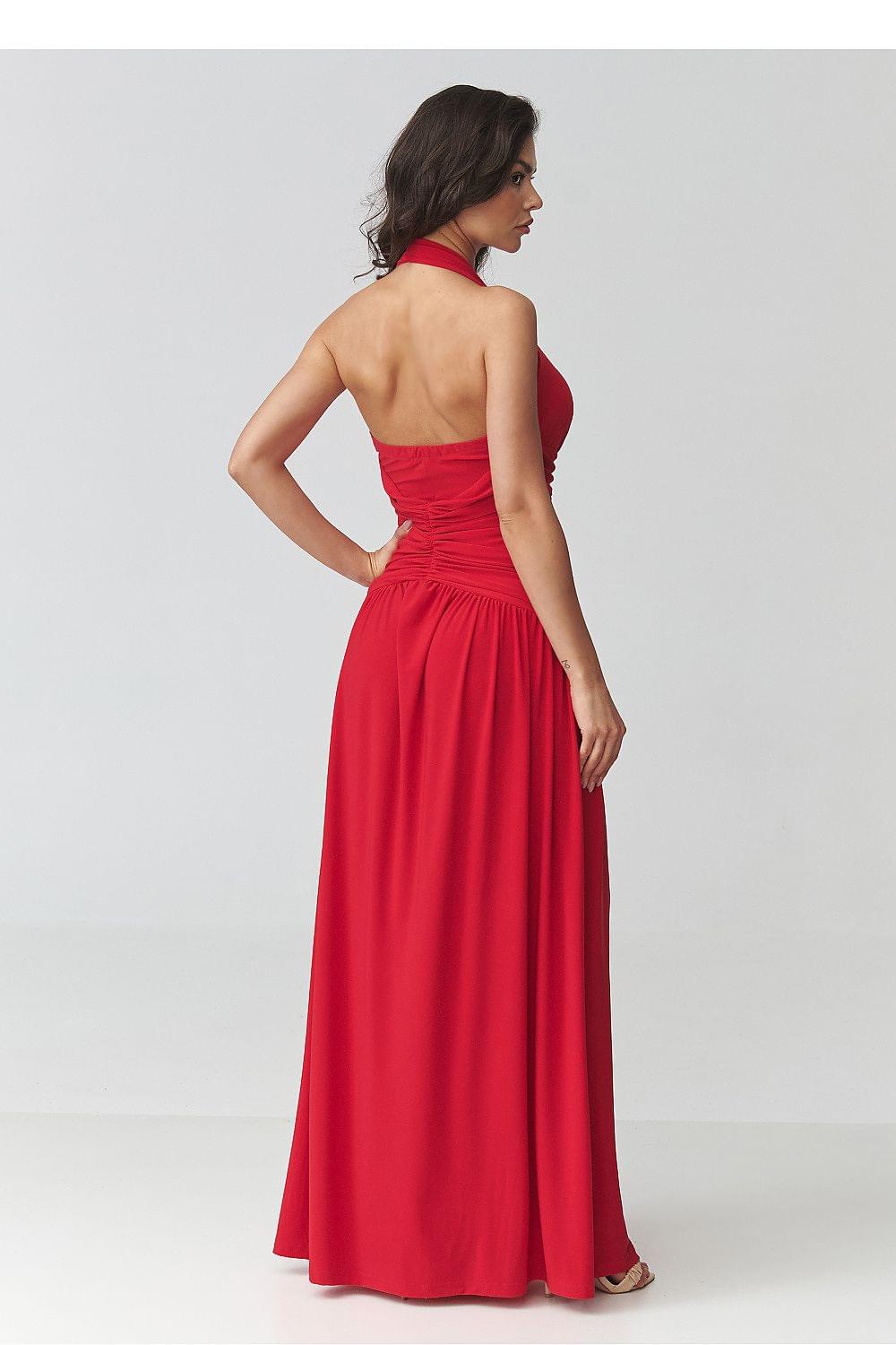 Makadamia long dress in red with open back, ruched waist, and full skirt