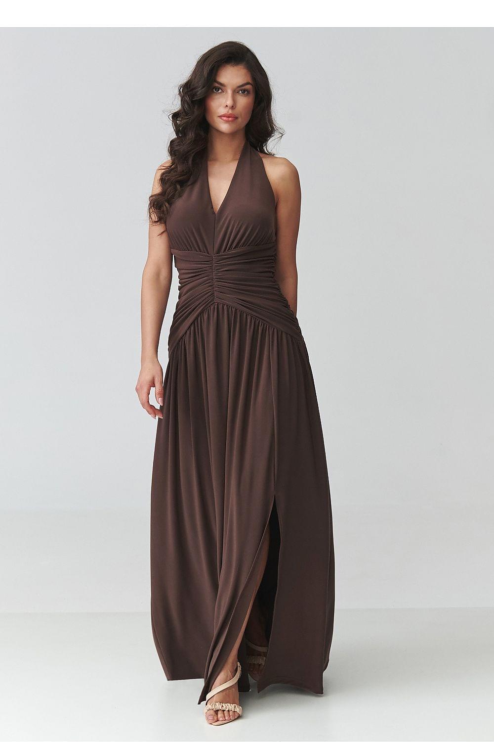 Makadamia long dress in dark brown with halter V neckline, ruched bodice, side slit