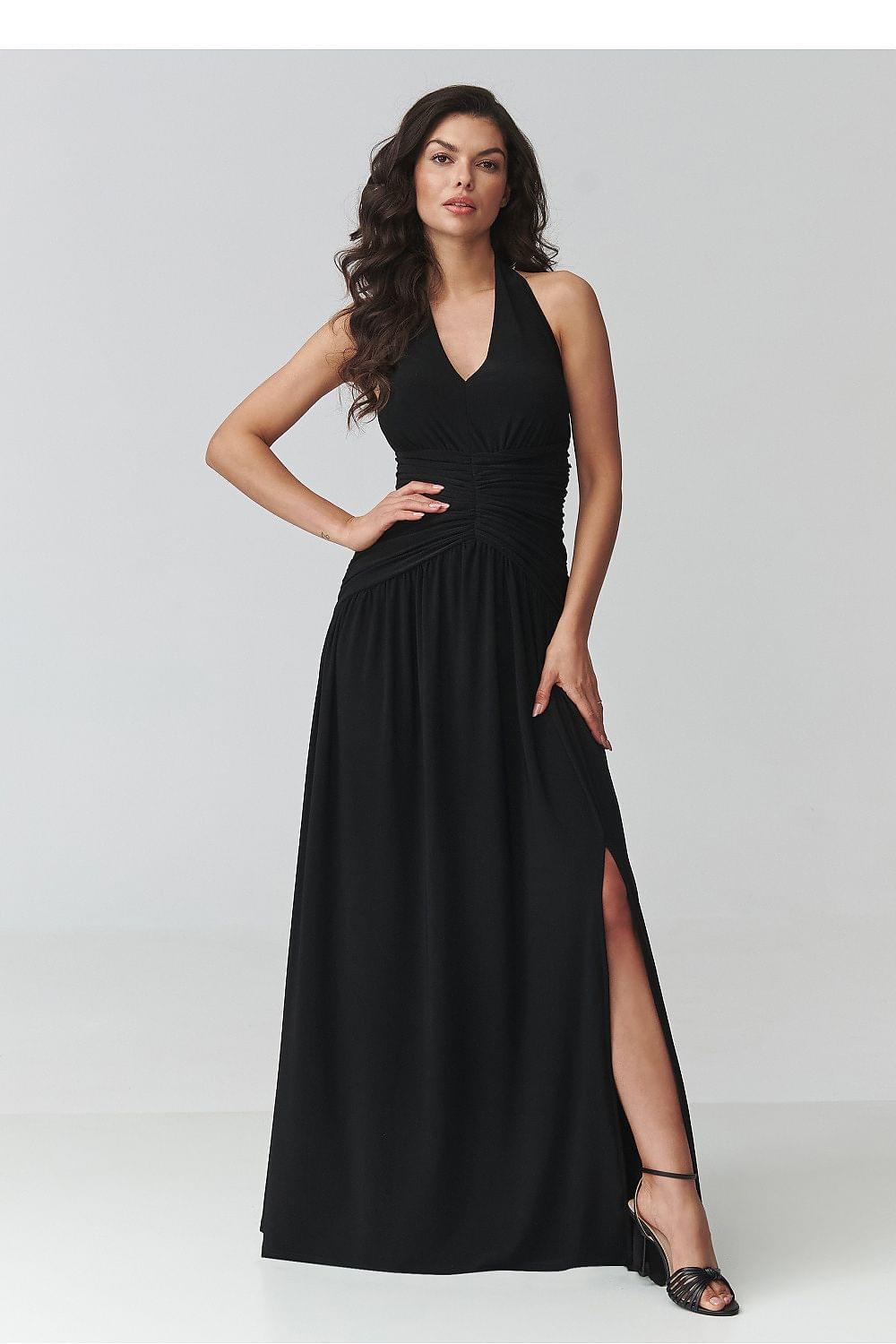 Makadamia long dress in black with halter V neckline, gathered waist, and side slit