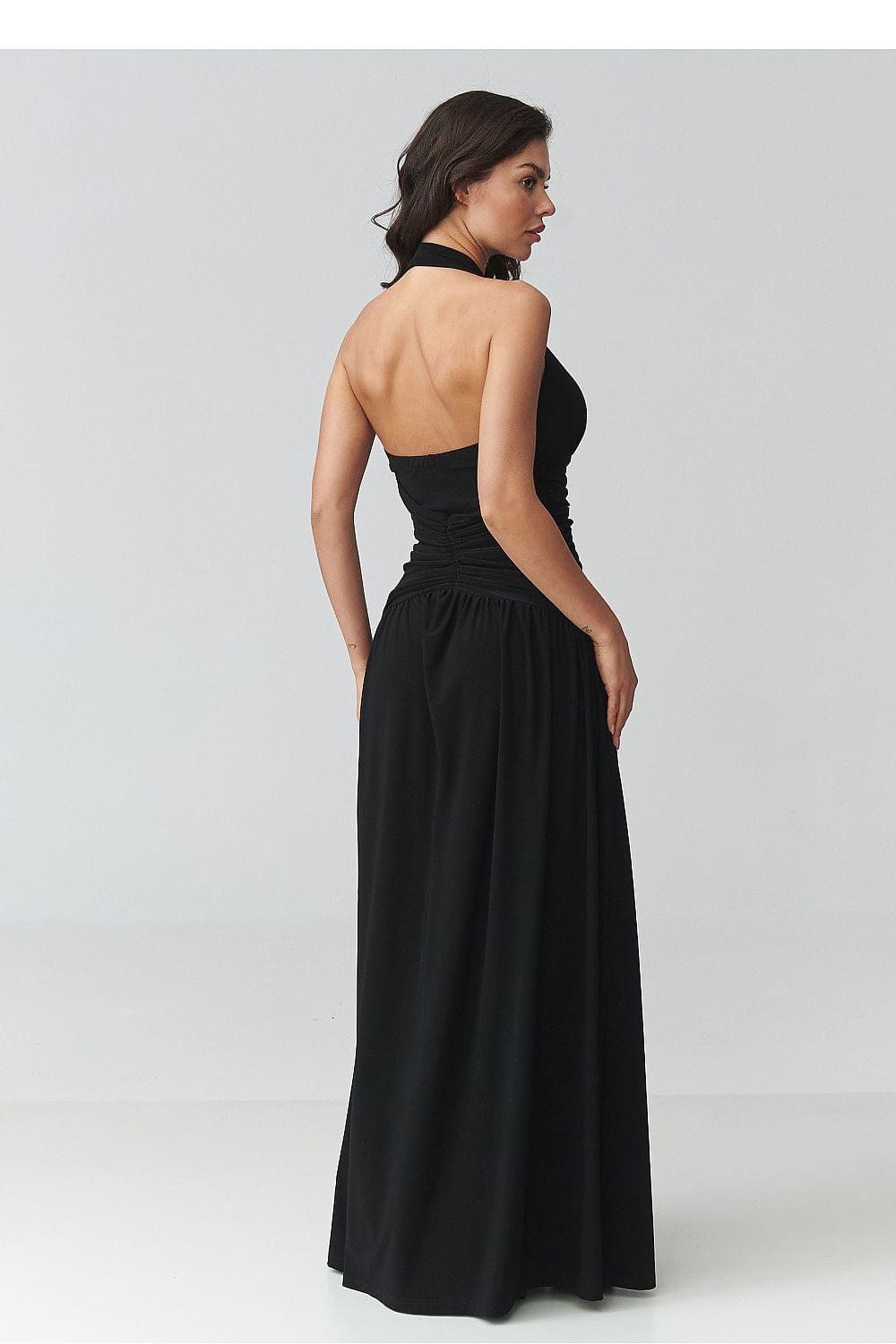 Makadamia long dress in black with open back and gathered waist, full-length skirt