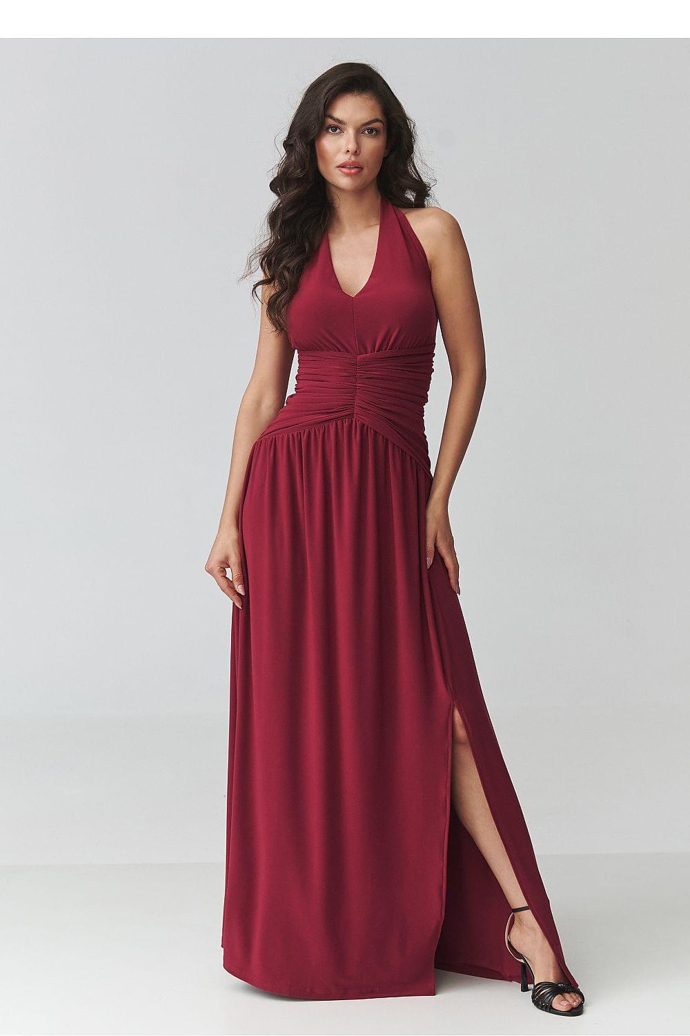 Makadamia long dress in red with halter V neckline, ruched bodice, side slit