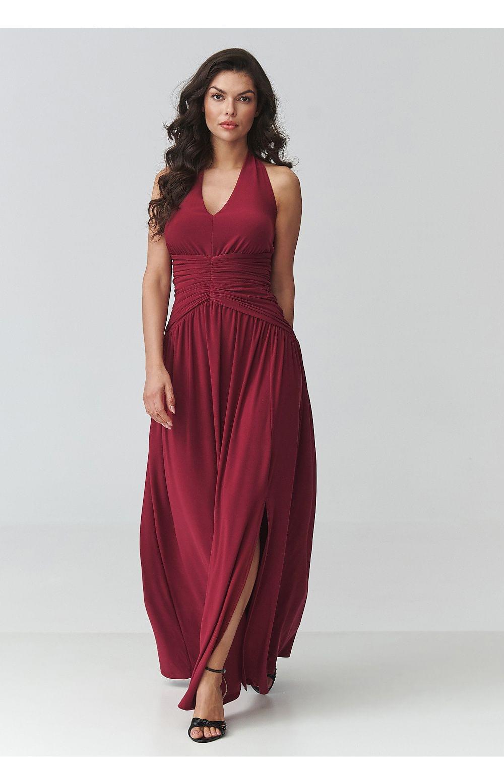 Makadamia long dress in red with V halter neckline, ruched waist, and long draped skirt