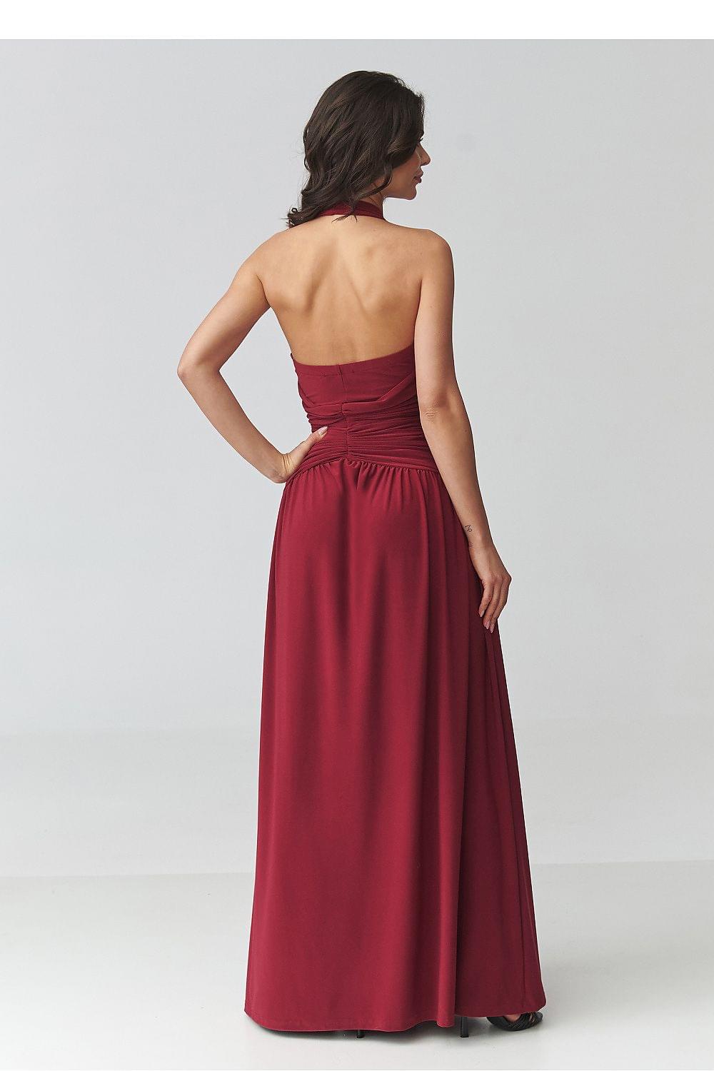 Makadamia long dress in red with open back, ruched waist, and side slit