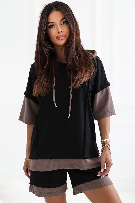 Two-piece hooded set in black with taupe contrast sleeves and matching shorts