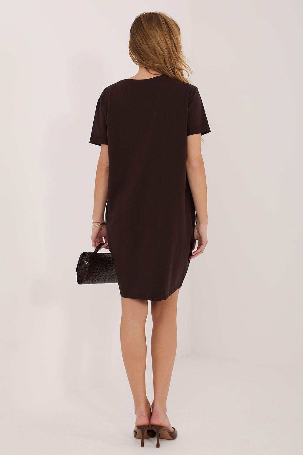 Dark brown short-sleeve crewneck daydress from back view with straight hem