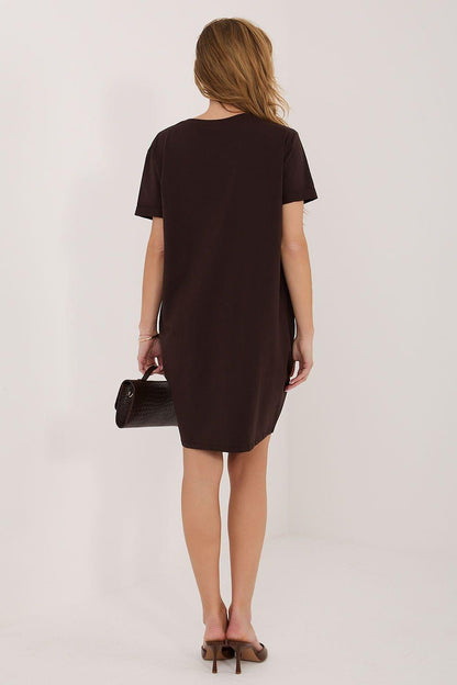 Dark brown short-sleeve crewneck daydress from back view with straight hem