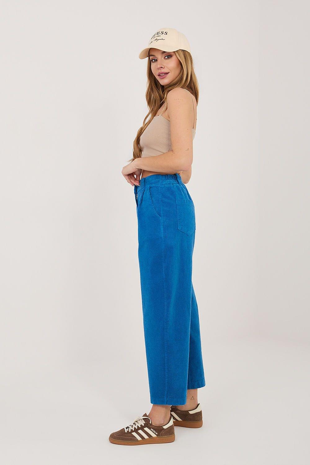 Blue corduroy trousers with a high waist and relaxed straight-leg fit