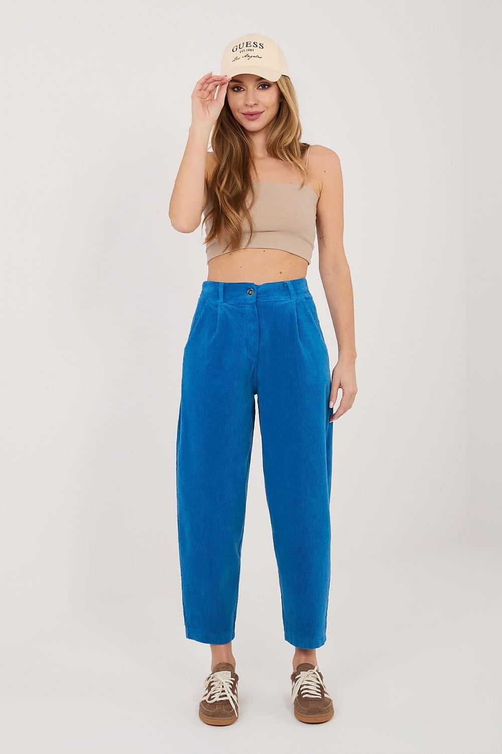 Blue corduroy trousers with front button closure and ankle-length straight legs