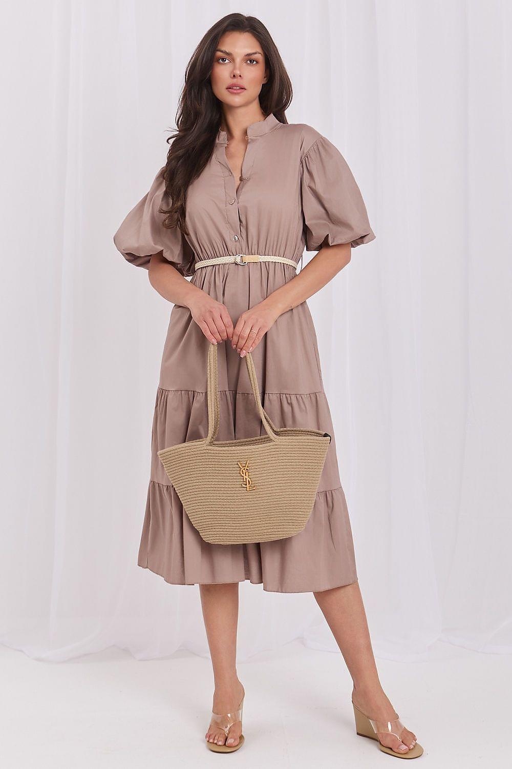 Taupe daydress with V-neck and short puff sleeves, belted waist, tiered skirt.
