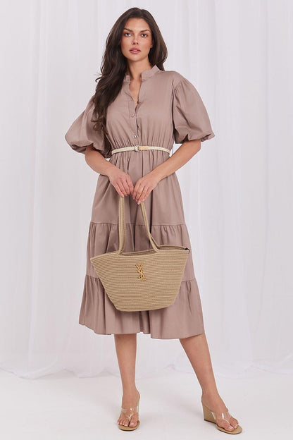 Taupe daydress with V-neck and short puff sleeves, belted waist, tiered skirt.