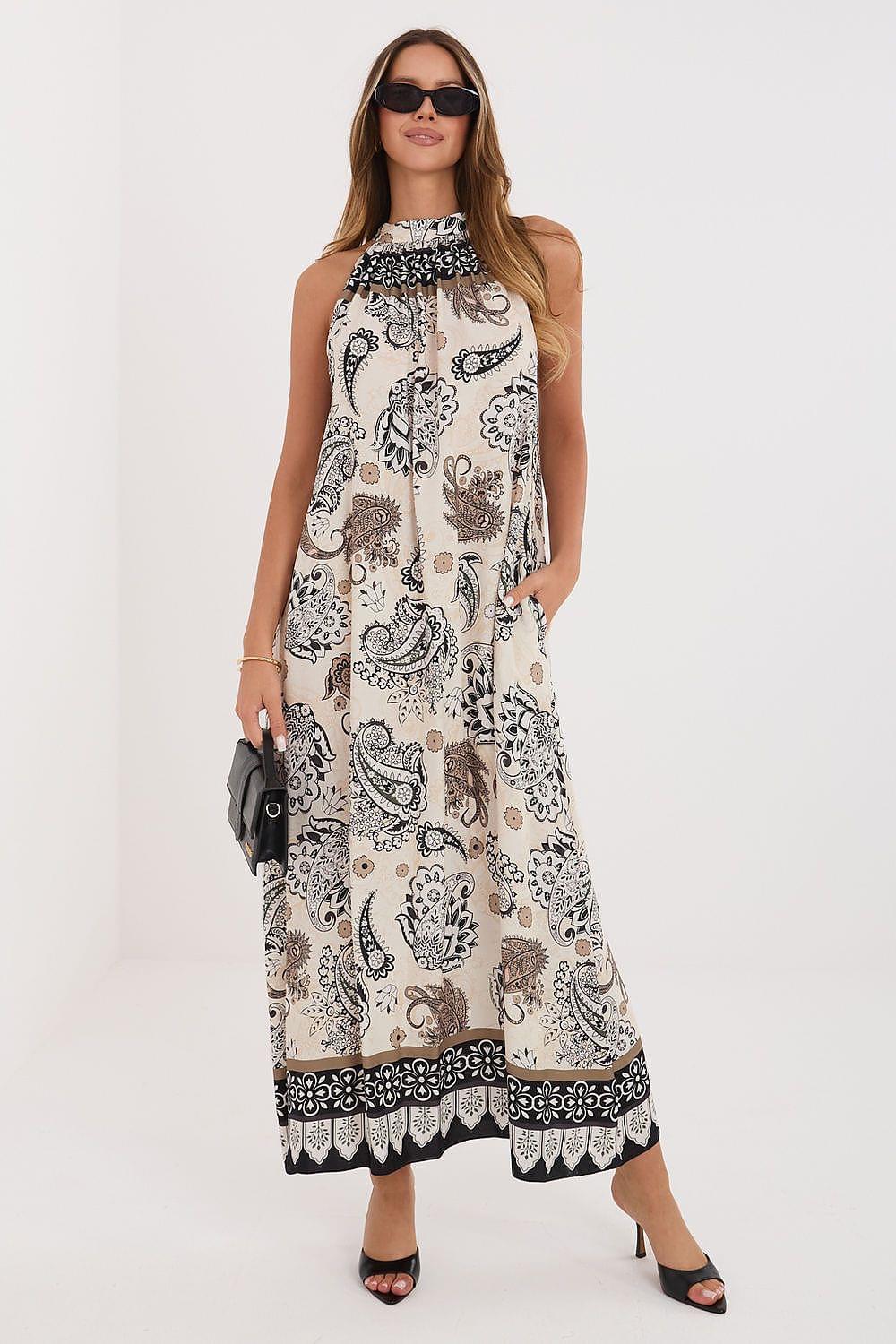 Sleeveless maxi daydress with high ruffle collar, paisley print and black border