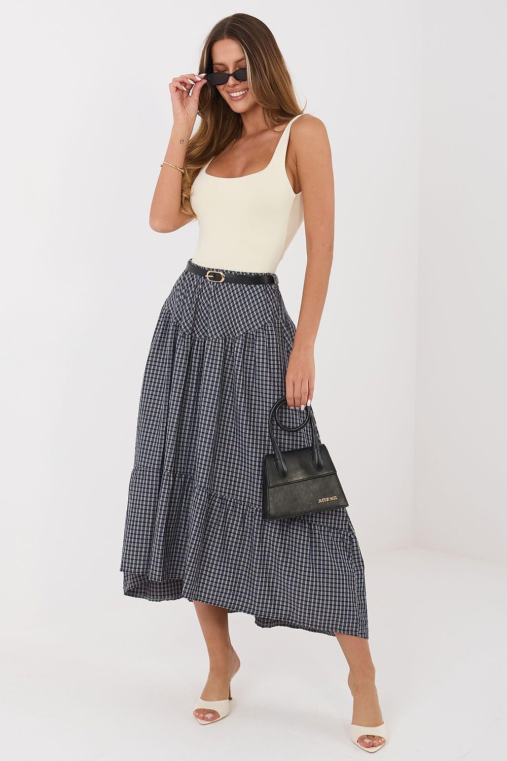 Navy and white check tiered midi skirt with elastic waist and full skirt