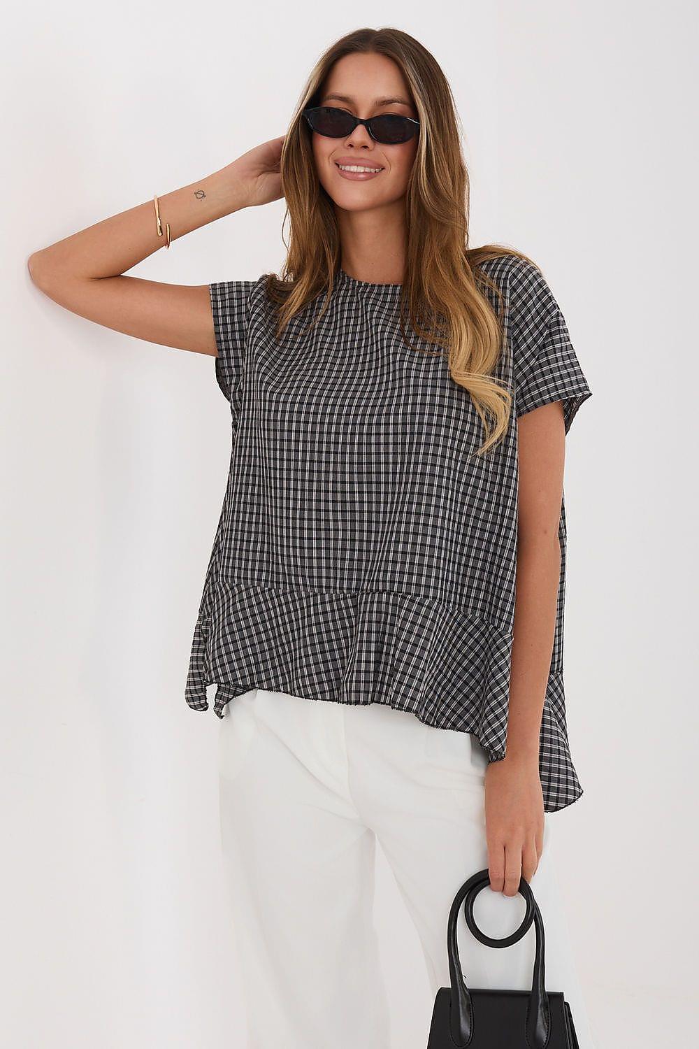 Checked short-sleeve peplum blouse with round neckline, dark gray/black.