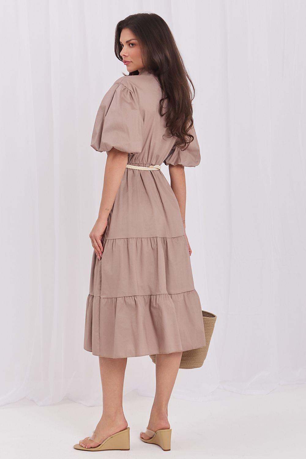 Beige Italy Moda daydress with short puff sleeves, tiered hem, and gathered waist detail