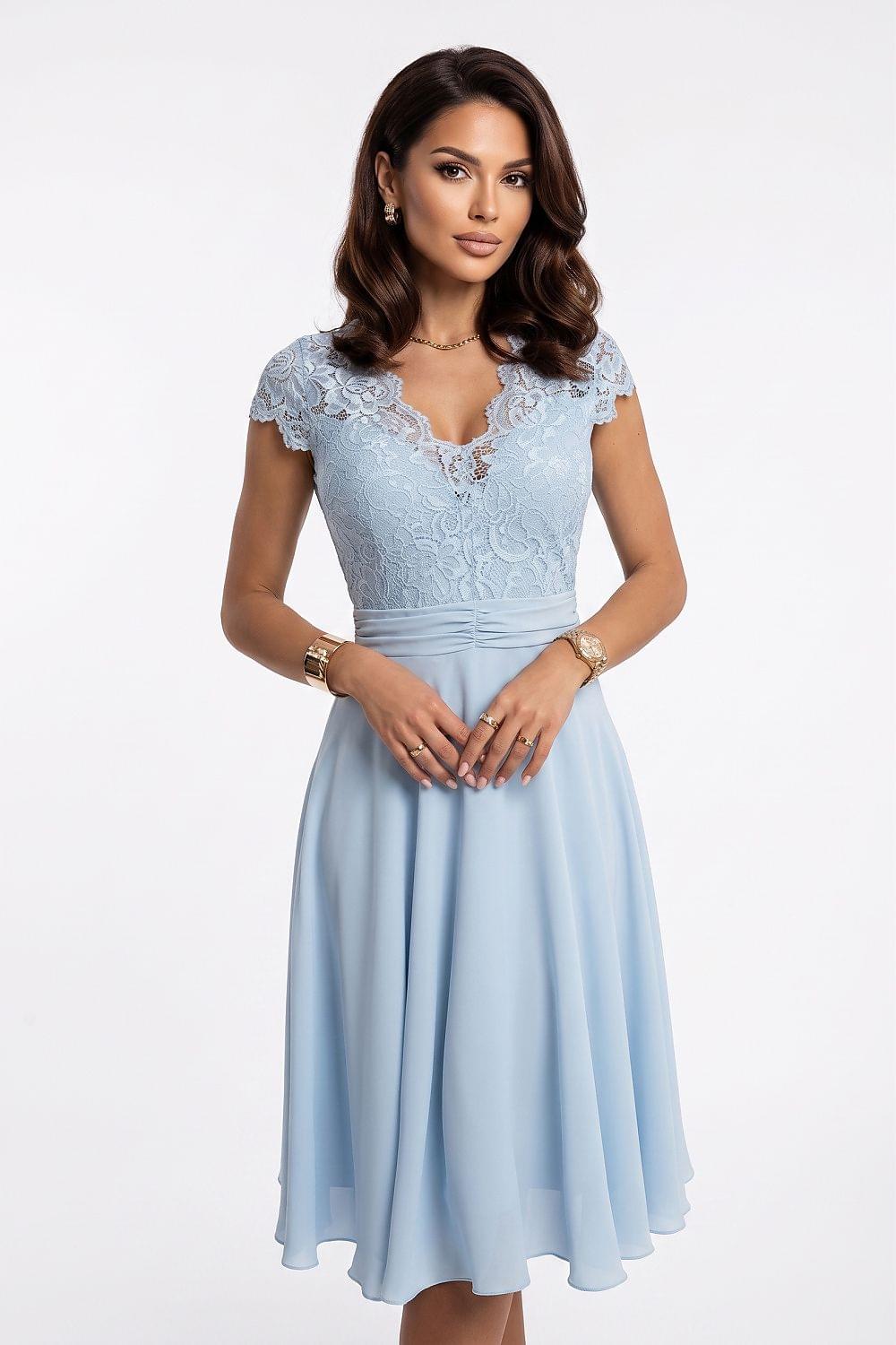Dusty blue lace evening dress with short sleeves, V neckline, fitted waist, flared skirt