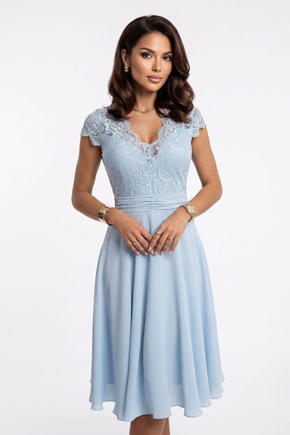 Dusty blue lace evening dress with short sleeves, V neckline, fitted waist, flared skirt