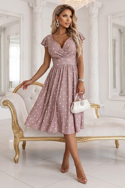 Mauve polka-dot midi dress with V wrap neckline, puffed short sleeves, gathered waist