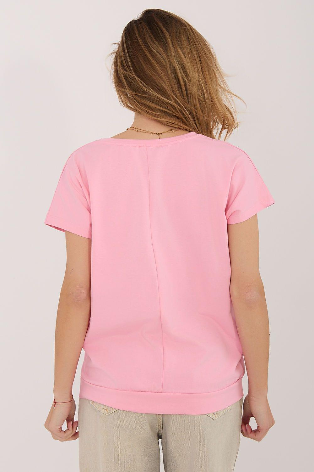 Pink short-sleeve blouse back view with crew neck and relaxed fit