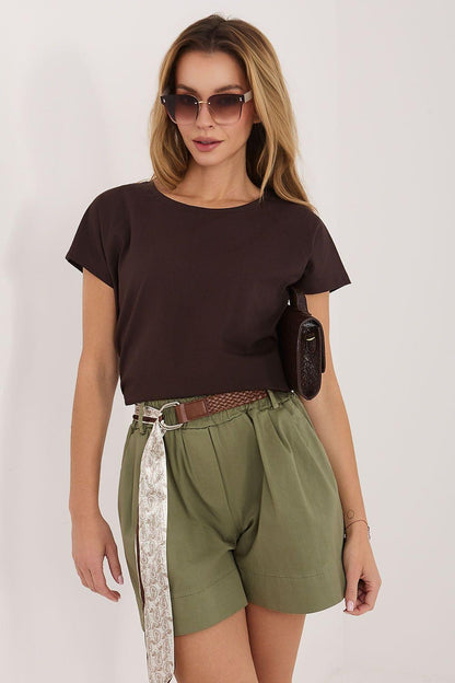 Dark brown short-sleeve blouse with crew neck and relaxed fit