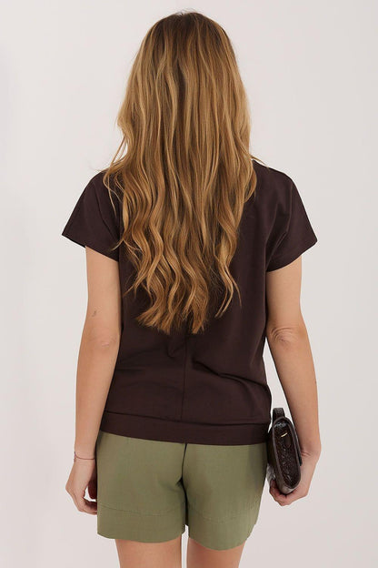Dark brown short-sleeve blouse with back yoke and rounded neckline