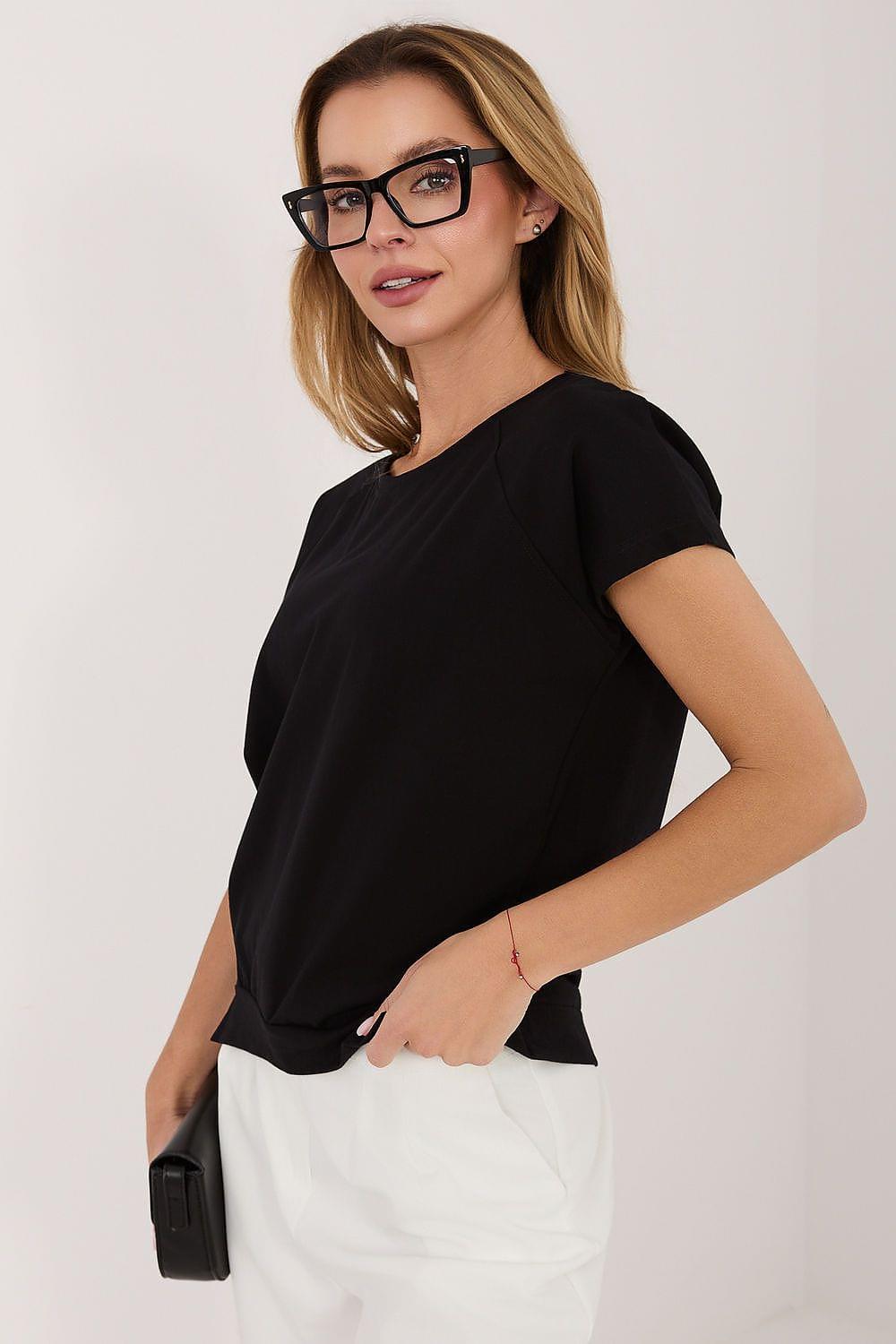 Black short-sleeve blouse with rounded neckline and side drape detail