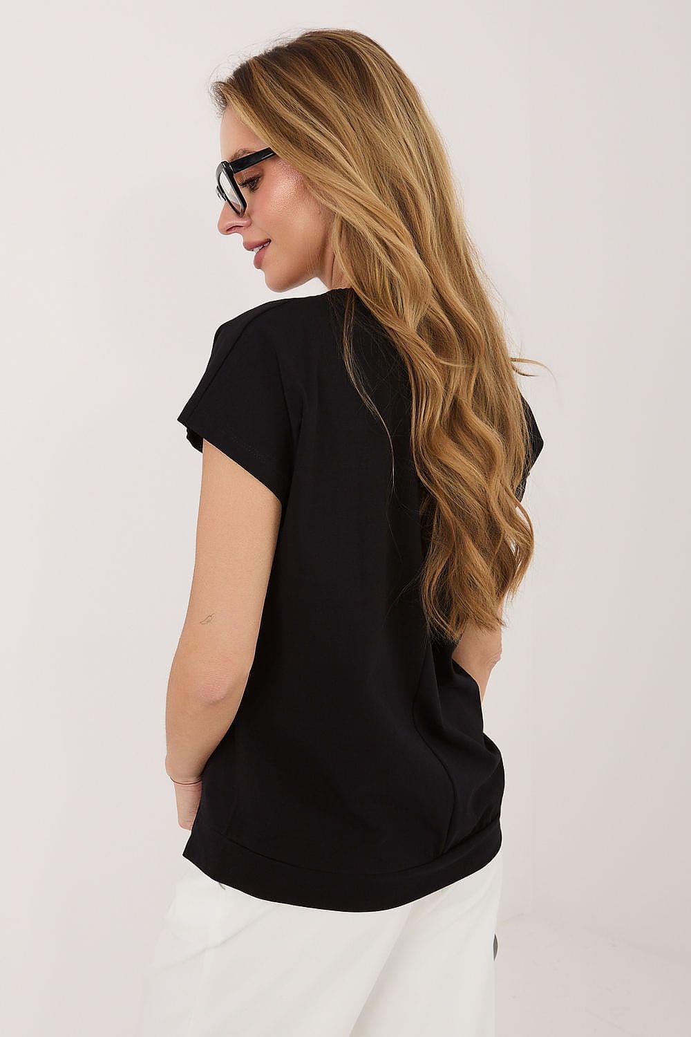 Black short-sleeve blouse with rounded neckline and slight side ruching