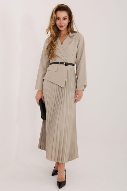 Beige pleated daydress with V-neck, long sleeves, and waist belt