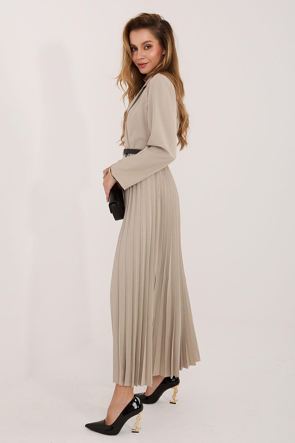 Beige pleated daydress with V-neck wrap bodice, long sleeves, and belt