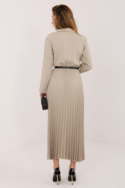 Beige pleated daydress, back view, long sleeves and waist belt