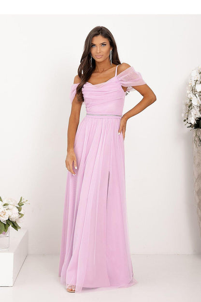 Light pink long dress with off-shoulder sleeves, corset bodice, and airy skirt