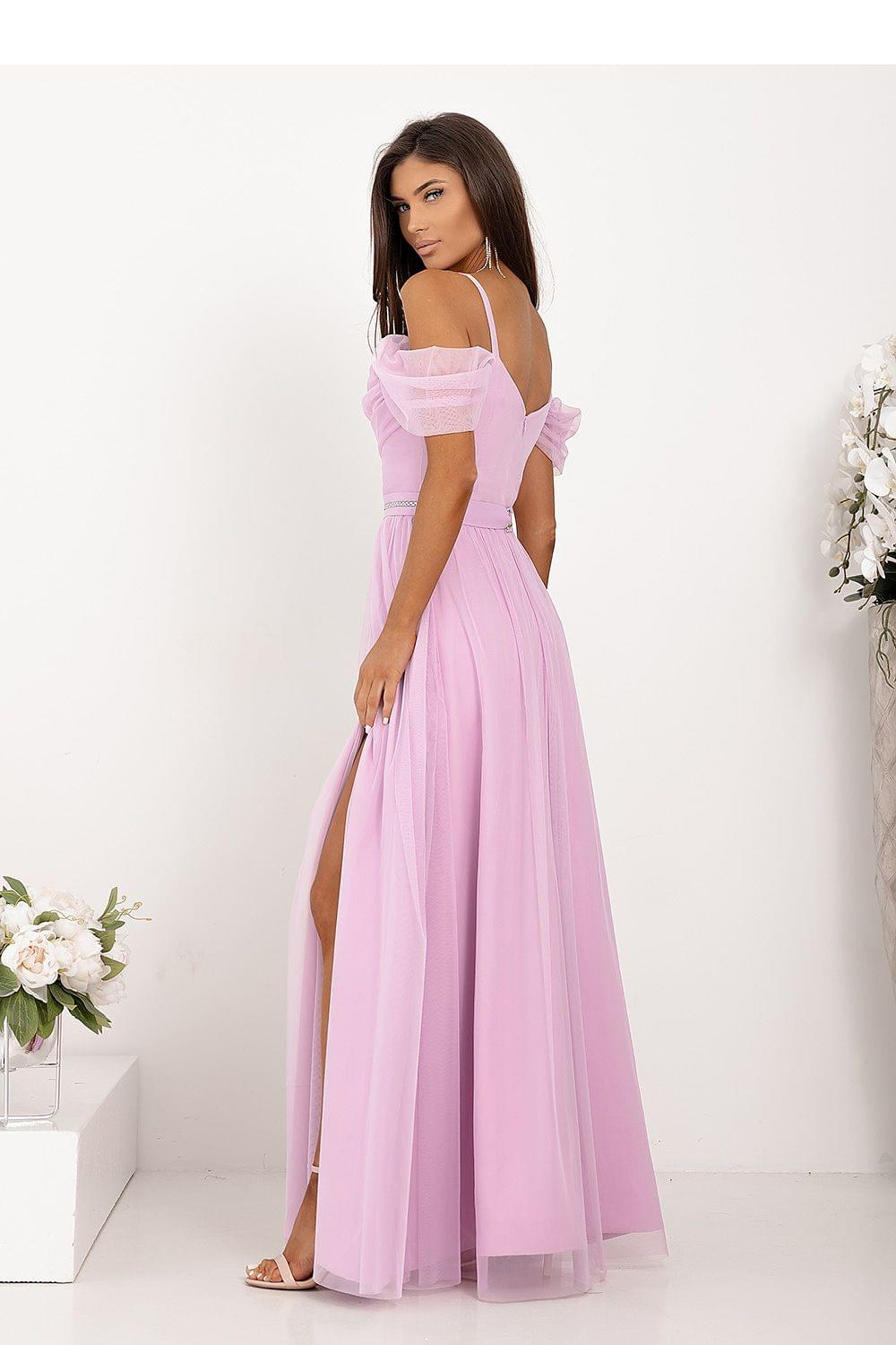 Lilac-pink long dress with off-shoulder sleeves, fitted waist, and side slit