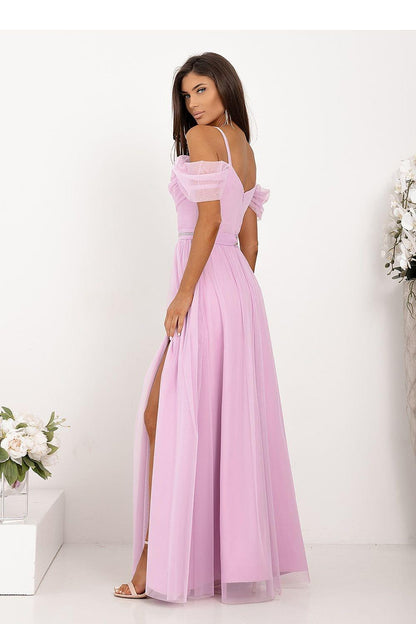 Lilac-pink long dress with off-shoulder sleeves, fitted waist, and side slit