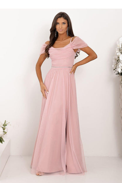 Pink long off-shoulder dress with puff sleeves, smocked waist, and front slit
