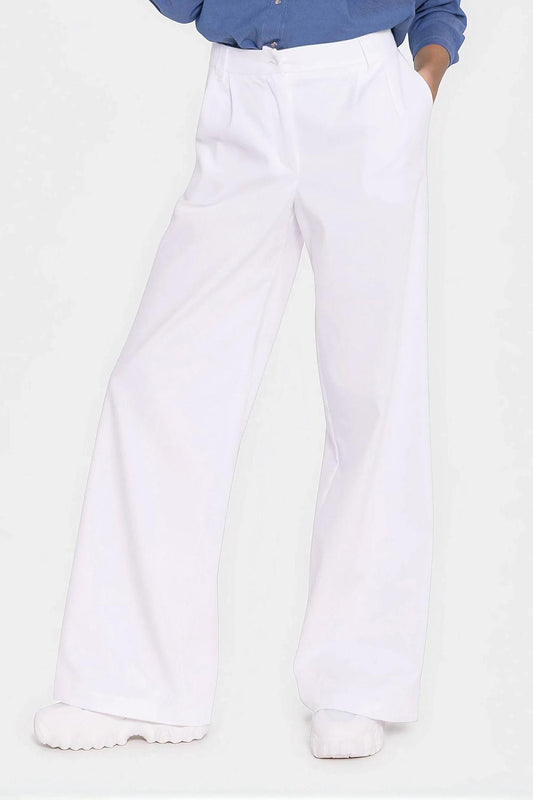 White wide-leg jeans with button closure, belt loops, and side pockets