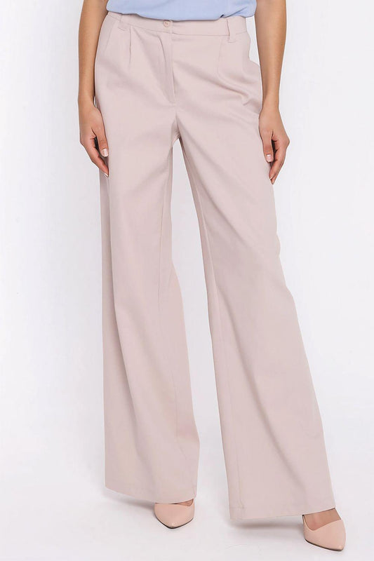 Beige wide-leg jeans with front pockets and belt loops