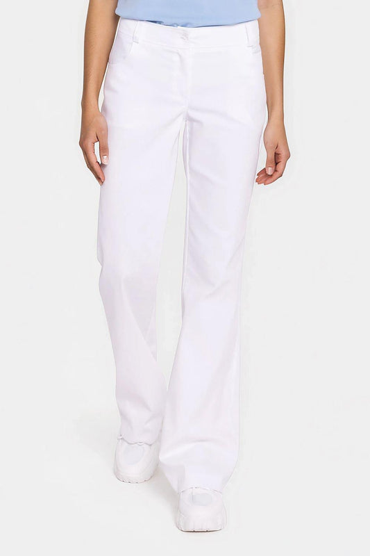 White denim jeans with button fly, belt loops, and wide straight leg openings.