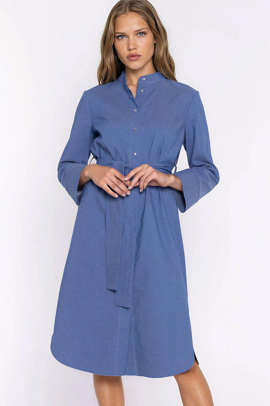 Blue collared daydress with button placket and waist tie belt