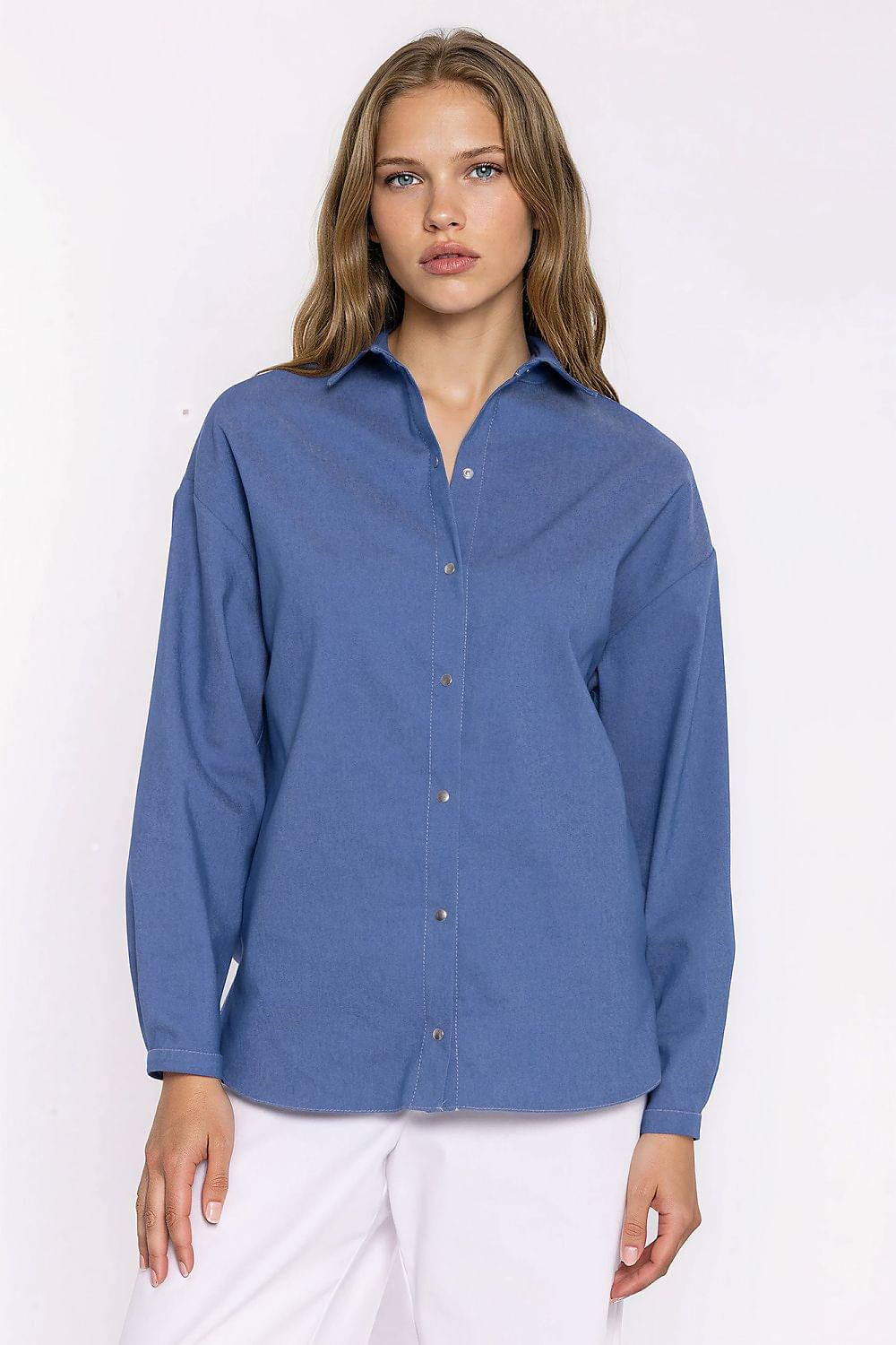 Blue long-sleeve button-up shirt with pointed collar and front button placket